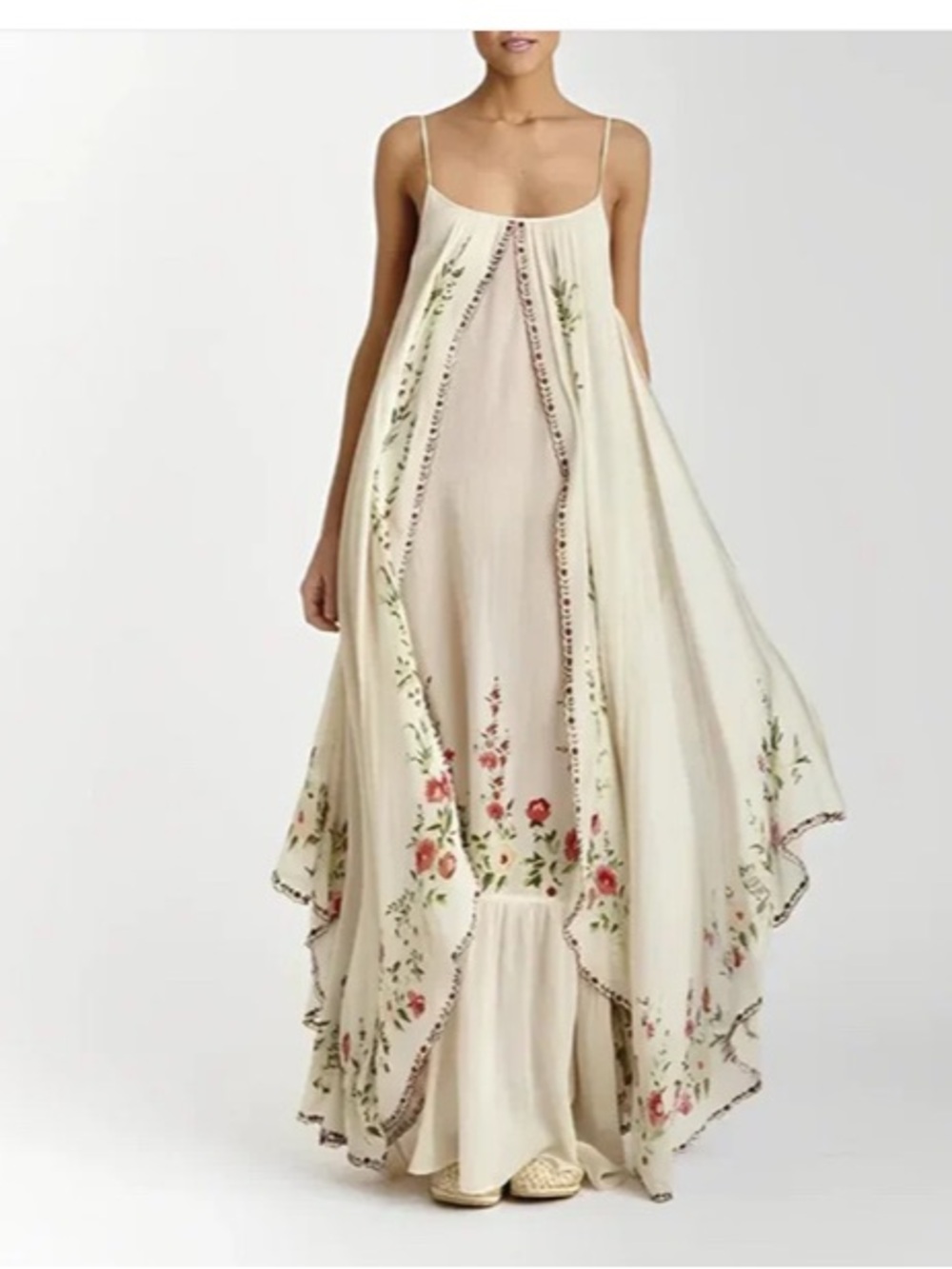Ivory Floral Maxi Slip Dress with Delicate Spaghetti Straps